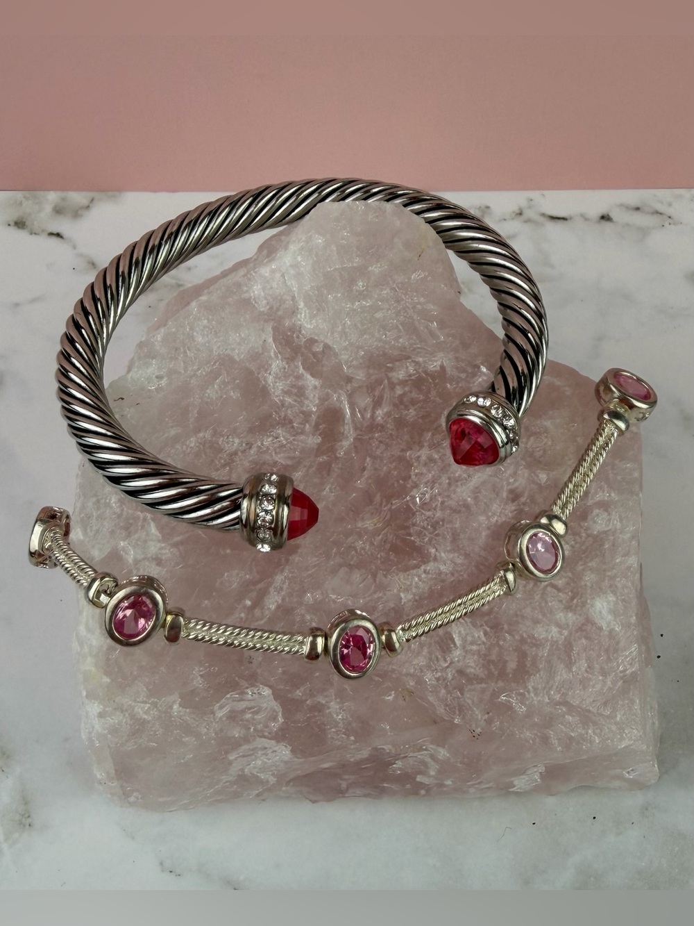 Designer Style Silver Tone Cable Bracelet Set Pink Gem Cuff & Station Link 7.5"